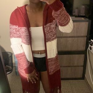 Warm, Knitted Deep Burgundy and White Cardigan